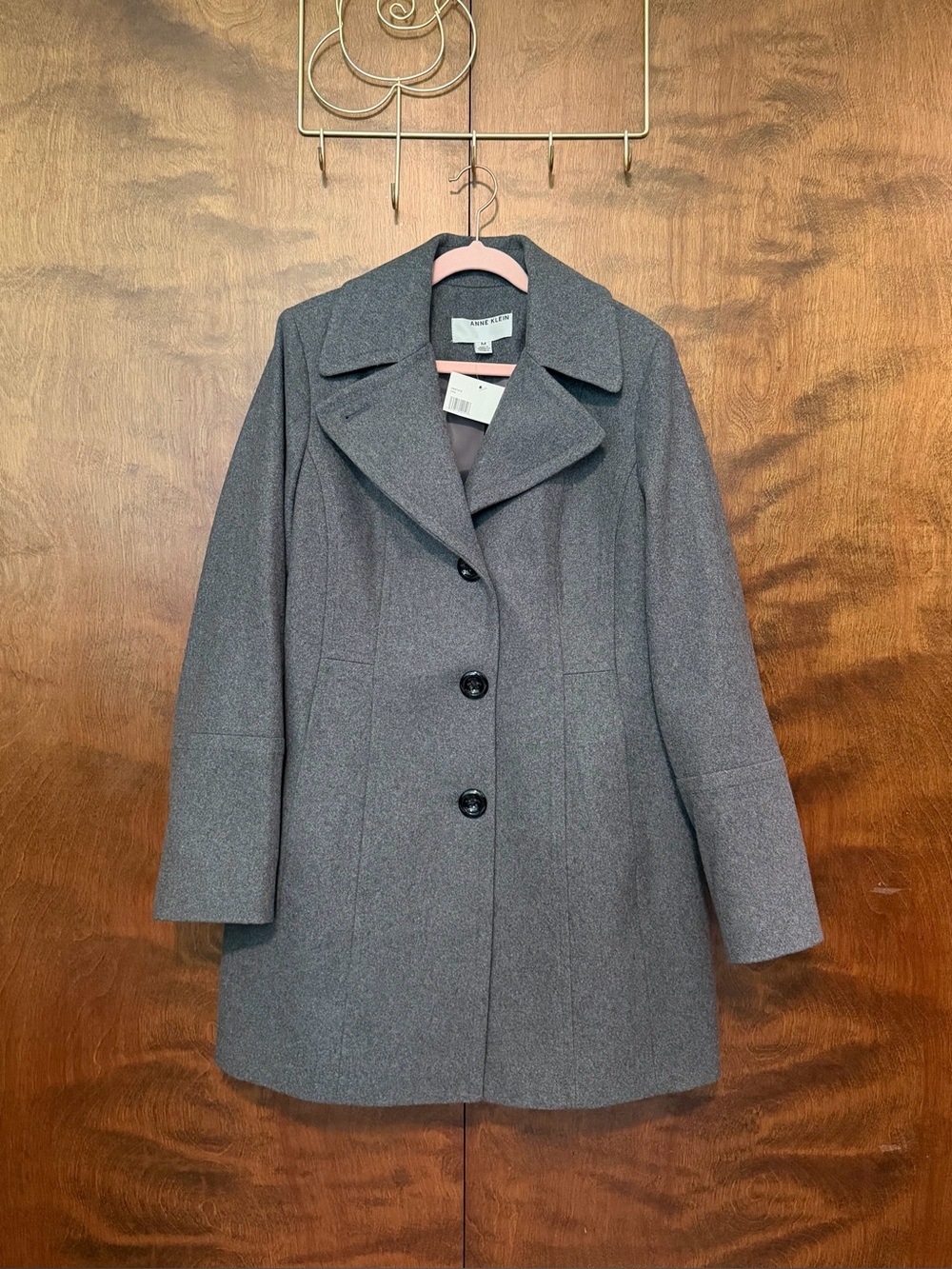 Anne Klein Single Breasted Wool Blend Car Coat Womens M Fog Gray Long Sleeve NWT